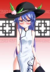  black_legwear blue_hair blush china_dress chinese_clothes food fruit hat hinanawi_tenshi long_hair looking_at_viewer peach red_eyes solo sweatdrop takorice thigh-highs thighhighs touhou 