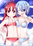  ;d bikini blue_eyes blue_hair breast_bress breast_press flat_chest hair_ornament hairclip kyubey lens_flare long_hair mad_(hazukiken) mahou_shoujo_madoka_magica miki_sayaka mound_of_venus mouth_hold multiple_girls open_mouth partially_submerged popsicle red_eyes red_hair redhead sakura_kyouko short_hair smile standing_in_water swimsuit wink 