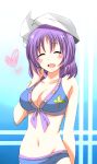  ^_^ arm_behind_back bikini blush_stickers breasts cleavage closed_eyes eyes_closed front-tie_top hat heart kyuuri_ryou large_breasts lavender_hair letty_whiterock navel short_hair solo swimsuit touhou 