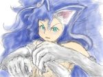  1girl ahoge animal_ears big_hair blue_hair cat_ears cat_tail claws corydoras felicia fur green_eyes paws sketch slit_pupils solo tail vampire_(game) 