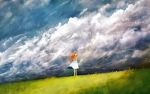 :o book bou_nin cloud clouds dress grass holding holding_book long_hair looking_away orange_hair original sky solo standing sundress wind 