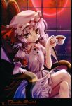  absurdres alternate_eye_color alto_seneka bow chair character_name crossed_legs cup hat hat_ribbon highres legs_crossed moon night puffy_sleeves red_moon remilia_scarlet ribbon scan short_hair short_sleeves silver_hair sitting sky slit_pupils smile solo teacup touhou window yellow_eyes 