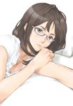  1girl breasts brown_eyes brown_hair bust cleavage face glasses lying on_side original outstretched_arm pillow shirt solo white_shirt yamaishi108 