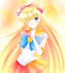  aino_minako bishoujo_senshi_sailor_moon blonde_hair blue_eyes bow choker dress elbow_gloves gloves hair_bow half_updo long_hair magical_girl orange_(color) orange_background orange_dress pleated_skirt ribbon sailor_collar sailor_venus skirt smile solo tiara torao_(torakmn) white_gloves wink 