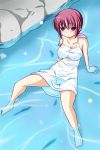  bare_legs bare_shoulders blush dress hair_ribbon highres hoshizora_ikuyo nishi_koutarou off_shoulder partially_submerged precure red_eyes red_hair redhead ribbon river shiny shiny_skin sitting smile_precure! solo strap_slip taut_shirt water wet wet_clothes white_dress 