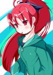  hair_ribbon hoodie long_hair mad_(hazukiken) mahou_shoujo_madoka_magica mouth_hold pocky ponytail red_eyes red_hair redhead ribbon sakura_kyouko solo 