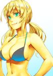  and aqua_eyes bikini_top blonde_hair breasts bust cleavage halterneck long_hair looking_at_viewer mustard_seeds original smile solo twintails 