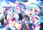  animal_ears aqua_hair blush bunnygirl guitar headphones instrument long_hair microphone moon original pink_eyes rabbit_ears syokennarai thigh-highs thighhighs zettai_ryouiki 