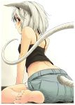 alternate_costume animal_ears bad_feet blush brown_eyes casual from_behind highres looking_at_viewer looking_back mouse_ears mouse_tail nazrin open_mouth short_hair shorts sitting solo tail tail_through_clothes touhou wariza white_hair yudepii