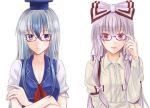  bespectacled blue_eyes blue_hair bow breasts bust cleavage collarbone crossed_arms fujiwara_no_mokou glasses hair_bow hat kamishirasawa_keine long_hair long_sleeves multicolored_hair multiple_girls open_mouth red_eyes short_sleeves silver_hair simple_background smile touhou two-tone_hair white_background yuta_(ricochetsmain) 