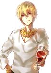  absurdres blonde_hair bracelet casual cup erjiu fate/zero fate_(series) gilgamesh highres jewelry looking_at_viewer necklace red_eyes simple_background white_background wine wine_glass 