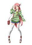  alternate_costume alternate_hairstyle bag braid collarbone contemporary green_eyes heart hong_meiling long_hair long_sleeves naodx off_shoulder red_hair redhead short_shorts shorts side_ponytail smile solo standing thigh-highs thighhighs touhou twin_braids white_legwear wink 