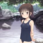 brown_eyes brown_hair copyright_request meow_(nekodenki) school_swimsuit short_ponytail solo swimsuit water 