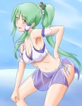  absurdres adapted_costume armpits bikini breasts cleavage frog_hair_ornament green_hair hair_ornament hair_tubes hand_on_hip highres kochiya_sanae long_hair open_mouth ponytail rabinidaddo scrunchie smile snake_hair_ornament solo swimsuit touhou yellow_eyes 