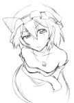  alternate_costume dress elbow_gloves gloves graphite_(medium) looking_at_viewer m-eiji monochrome remilia_scarlet short_hair simple_background sketch solo strapless_dress touhou traditional_media white_background 