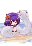  1girl absurdres character_request chibi forked_tongue hair_ornament hands_on_hips highres kuromaru-4321 lowleg mishaguji navel open_mouth purple_hair red_eyes smile snake solo standing tongue touhou yasaka_kanako 