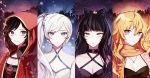  4girls blake_belladonna bow breasts cleavage cloak commentary_request dress earrings ecru fire hair_bow hood hooded_cloak jewelry multiple_girls necklace night night_sky petals ruby_rose rwby scar scar_across_eye silk sky snowflakes spider_web weiss_schnee yang_xiao_long 