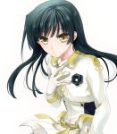  androgynous black_hair bodysuit female flat_chest flower gloves honda_masazumi kyoukai_senjou_no_horizon long_hair long_sleeves natori_(raisenritz) raisenritz reverse_trap smile solo tomboy white_background yellow_eyes 