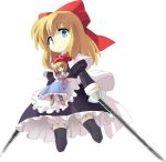  alice_margatroid apron asyura7 blonde_hair blue_eyes bow capelet cross-laced_footwear dual_wielding goliath_doll hair_bow long_hair long_skirt long_sleeves puffy_sleeves short_hair short_sleeves skirt sword touhou weapon white_background 