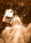  apple blush bow covering_face dress flower food from_above fruit highres long_hair looking_at_viewer lying monochrome okari on_back original smile solo 