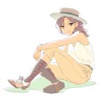  argyle argyle_legwear brown_eyes brown_hair ekao hat idolmaster idolmaster_cinderella_girls kawashima_mizuki kneehighs long_hair looking_at_viewer ponytail saddle_shoes sitting smile socks solo wavy_hair 