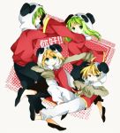  2girls animal_hat aqua_eyes blonde_hair chinese_clothes genderswap green_hair grey_eyes gumi gumiya hat kagamine_len kagamine_rin multiple_boys multiple_girls noki_(potekoro) open_mouth panda_hat school_uniform skirt vocaloid yie_ar_fan_club_(vocaloid) 