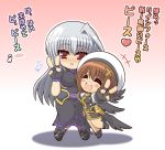  2girls armor blush blush_stickers breasts brown_hair chibi closed_eyes eyes_closed fingerless_gloves gloves gradient gradient_background hair_ribbon happy hat heart kano-0724 large_breasts long_hair multiple_girls open_mouth red_eyes reinforce ribbon short_hair silver_hair skirt smile sweat translation_request v wings yagami_hayate 