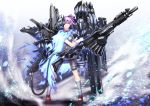  1girl big.g blue_eyes dark_persona gloves gun holding kantai_collection looking_at_viewer machinery pleated_skirt purple_hair rifle school_uniform shinkaisei-kan shiranui_(kantai_collection) skirt solo weapon white_gloves 