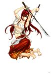  absurdres artbook bandage bandages barefoot dual_wielding erza_scarlet fairy_tail feet hakama highres huge_filesize japanese_clothes kneeling long_hair mashima_hiro midriff official_art red_hair redhead sarashi scan soles sword tattoo torn_clothes weapon 