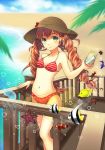  bikini blush bottle braid brown_hair clownfish collarbone fish green_eyes hat holding jellyfish looking_at_viewer original polka_dot polka_dot_bikini polka_dot_swimsuit smile solo starfish striped striped_bikini striped_swimsuit swimsuit twin_braids unya_(unya-unya) 