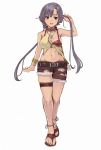  1girl asymmetrical_clothes belt black_eyes black_hair bra bracelet breasts brown_bra buckle character_request cleavage hair_ornament highres holding_hair itsutsuse jewelry long_hair navel open_mouth pendant sandals shorts simple_background smile solo suisei_no_gargantia thigh_strap toenails twintails underwear 