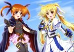  belt black_gloves black_legwear blonde_hair blush brown_hair cape cosplay costume_switch diesel-turbo fate_testarossa fate_testarossa_(cosplay) fingerless_gloves gloves long_hair looking_at_viewer lyrical_nanoha magical_girl mahou_shoujo_lyrical_nanoha mahou_shoujo_lyrical_nanoha_a&#039;s mahou_shoujo_lyrical_nanoha_a's mahou_shoujo_lyrical_nanoha_the_movie_1st mahou_shoujo_lyrical_nanoha_the_movie_2nd_a&#039;s mahou_shoujo_lyrical_nanoha_the_movie_2nd_a's multiple_girls open_mouth red_eyes skirt smile solo takamachi_nanoha takamachi_nanoha_(cosplay) thigh-highs thighhighs twintails very_long_hair 