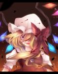  ascot blonde_hair blood bow crazy_eyes crazy_smile crystal flandre_scarlet hat hat_bow mutsuki open_mouth puffy_sleeves red_eyes short_sleeves side_ponytail solo touhou wings 