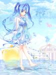  aqua_eyes aqua_hair arms_behind_back barefoot blue_hair cloud clouds dress feet hatsune_miku highres hmniao long_hair outdoors see-through sky smile solo stairs star tiptoes toenails toes twintails very_long_hair vocaloid wading water 