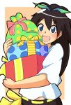  black_hair blue_eyes carryihg carrying ganaha_hibiki gift idolmaster long_hair natsumi_hajime open_mouth ponytail smile solo 