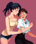  1girl bare_shoulders blue_eyes brown_hair hosaka_dx hug hug_from_behind ikari_shinji katsuragi_misato long_hair neon_genesis_evangelion ponytail purple_hair short_shorts shorts tank_top you_gonna_get_raped 