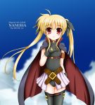  belt blonde_hair blush buckle cape fate_testarossa flipper gloves long_hair lyrical_nanoha mahou_shoujo_lyrical_nanoha mahou_shoujo_lyrical_nanoha_the_movie_1st red_eyes skirt smile solo thigh-highs thighhighs title_drop twintails 