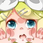  :d against_glass blonde_hair blue_eyes close-up face fourth_wall hair_ornament hair_ribbon hairclip hands kagamine_rin nou open_mouth ribbon short_hair smile solo vocaloid 