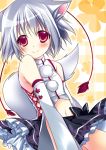  animal_ears bare_shoulders detached_sleeves hikanyan inubashiri_momiji looking_at_viewer navel red_eyes silver_hair skirt smile solo tail touhou white_hair wolf_ears wolf_tail 