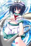  1girl anchor bad_id black_hair blue_eyes hat highres hishaku lilia1227 murasa_minamitsu navel no_nose sailor sailor_hat short_hair smile solo touhou water wink 