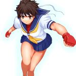  :&lt; brown_eyes brown_hair fingerless_gloves foreshortening gloves headband kasugano_sakura legs neckerchief school_uniform serafuku short_hair short_sleeves skirt solo street_fighter street_fighter_zero thighs tonko2 white_background 