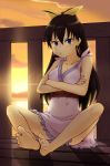  1girl :t artist_request barefoot blue_eyes brown_hair crossed_arms feet ganaha_hibiki idolmaster indian_style ponytail sitting soles source_request sunset toes 