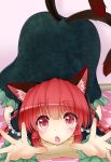  animal_ears blush braid cat_ears cat_tail highres kaenbyou_rin looking_at_viewer multiple_tails open_mouth red_eyes red_hair redhead solo tail top-down_bottom-up topia touhou twin_braids 