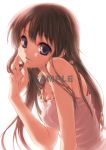  alternate_eye_color bangs bare_shoulders blue_eyes brown_hair cover cover_page eyelashes fingernails fruits_basket hands honda_tooru light_smile long_hair looking_at_viewer sample solo studio_zero watermark white_background 