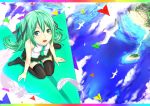  aqua_eyes aqua_hair bare_shoulders bird black_legwear feathers from_above hatsune_miku long_hair looking_at_viewer looking_up necktie ocean paper_airplane seagull sitting skirt solo thigh-highs thighhighs twintails very_long_hair vocaloid wariza water zucchini 