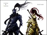  armor artorias_the_abysswalker dark_souls dragon_slayer_ornstein full_armor gauntlets helmet knight male multiple_boys plume polearm spear sword weapon 