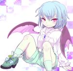  bat_wings belt blue_hair blush bow checkered checkered_background pants red_eyes remilia_scarlet shirt short_hair shorts sisenshyo sitting solo touhou wings 