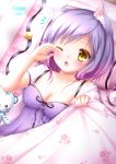  animal_ears bell blush breasts cat_ears cleavage clock highres open_mouth original purple_hair shitou short_hair solo stuffed_animal stuffed_toy under_covers wink yellow_eyes 