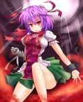  chain chains chinese_clothes cuffs double_bun flower ibaraki_kasen open_mouth puffy_sleeves purple_hair red_eyes rose shackles short_hair short_sleeves solo sumapan touhou 