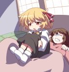  blanket clenched_teeth hakurei_reimu hihachi leg_hug multiple_girls rumia sitting sitting_on_person sweat sweatdrop touhou 